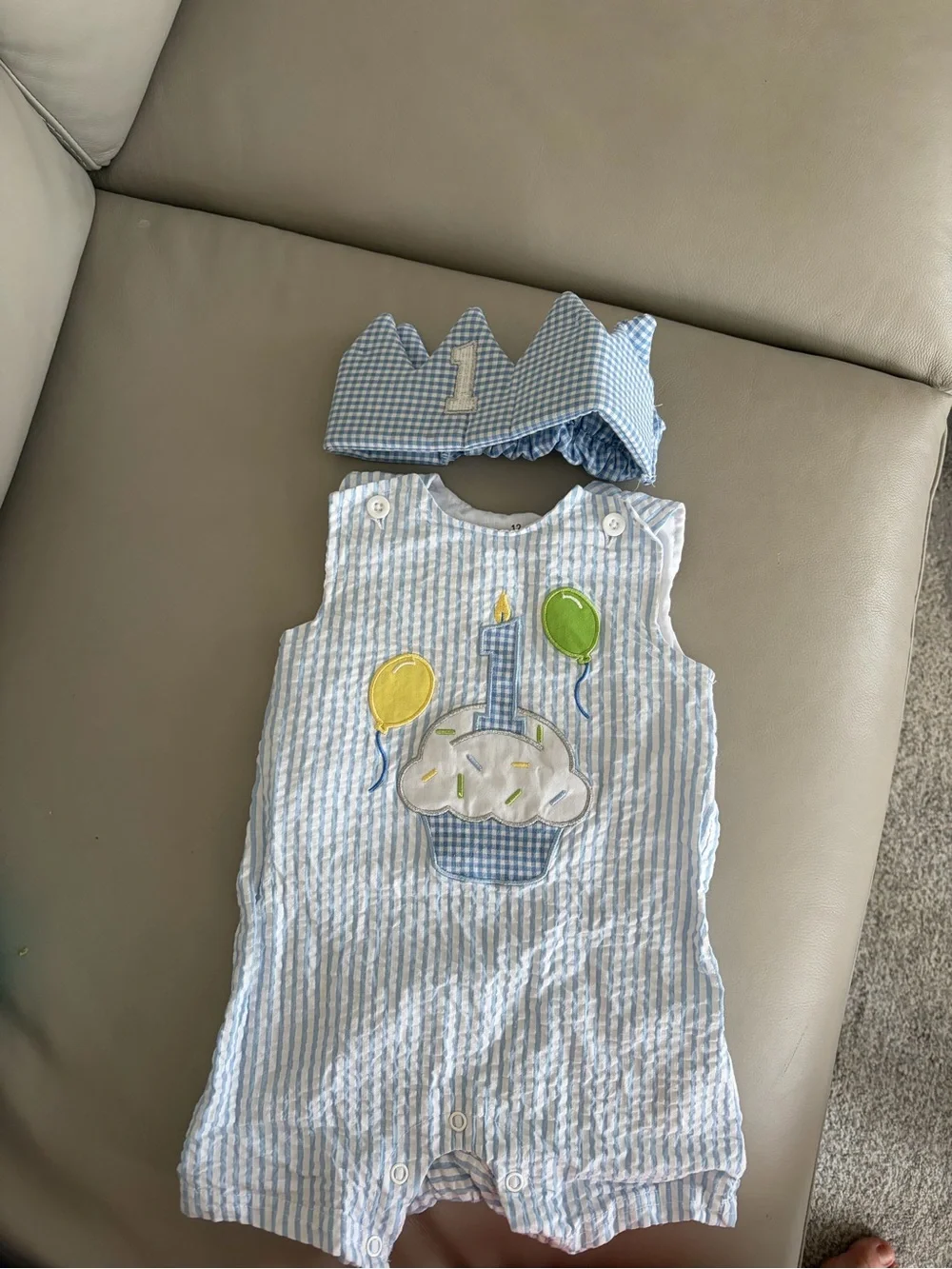 Baby Boys Light Blue Seersucker 1st Birthday Romper & Crown Set